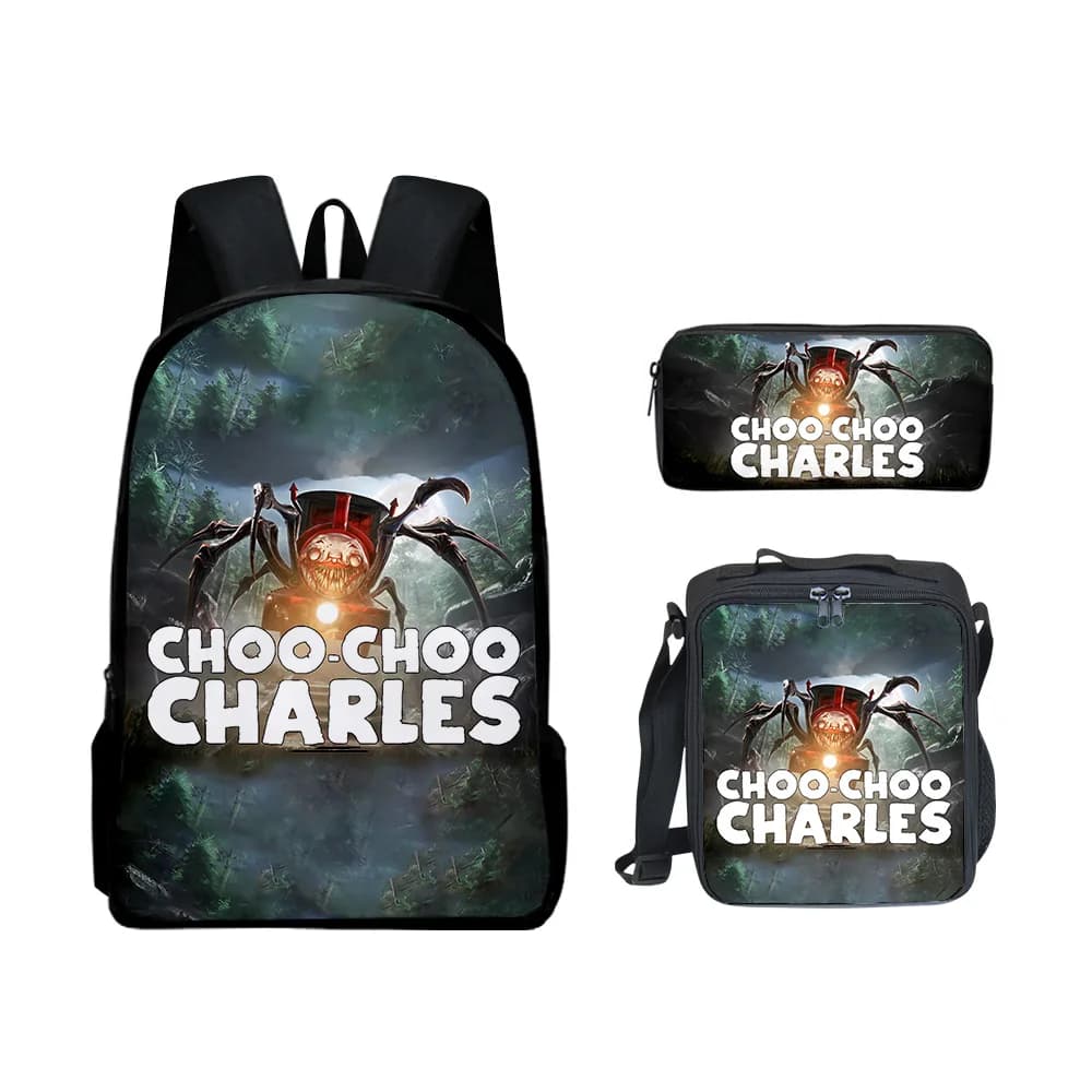 Hip Hop Popolare Divertente Choo-Choo Charles Stampa 3D 3 pz/set Borse da scuola per alunni Zaino per laptop Zaino Borsa per il pranzo Astuccio