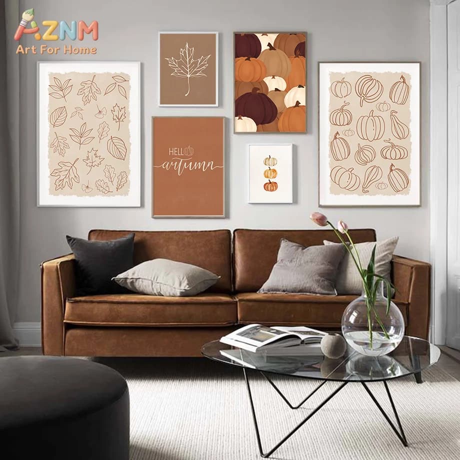 AZNM Minimalist Line Autumn Maple Leaf Pumpkin Canvas Wall Art Hello Autumn Neutral Tone Fall Season Home Living Room Decor Unfr