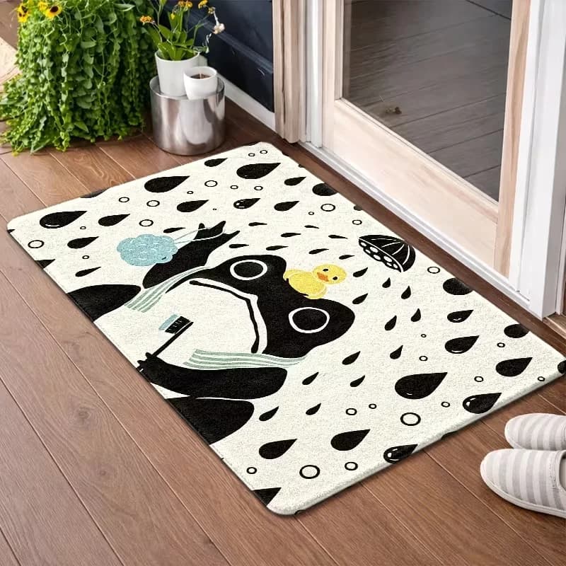 Cute Japanese Style Frog Raindrop Door Mat Non Slip Entrance Doormat Cartoon Black White Animal Pattern Floor Rug