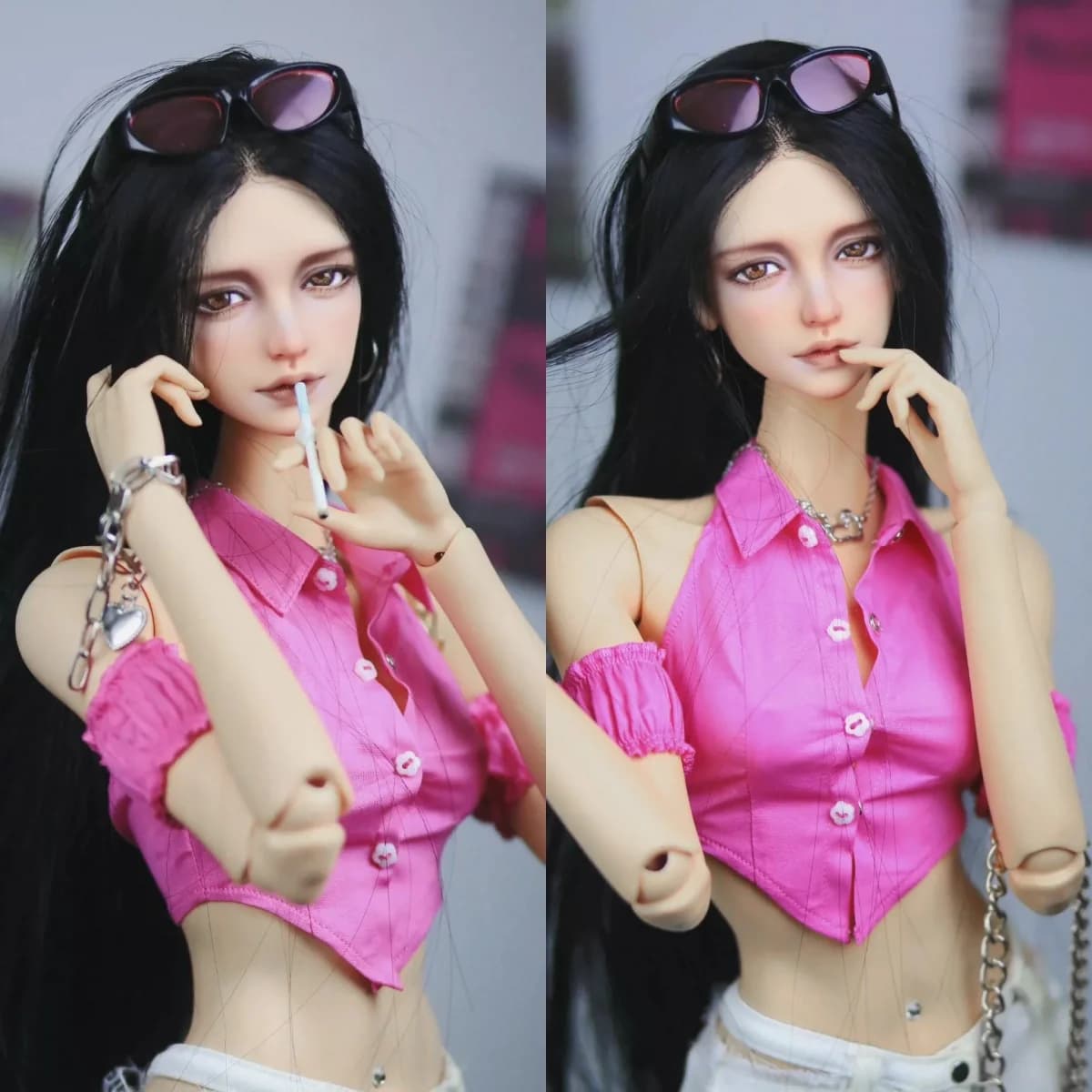【Senza figura】 Camicia femminile alla moda rosa con spalle scoperte fatta a mano in scala 1/3 Accessori di abbigliamento adatti al modello di action figure