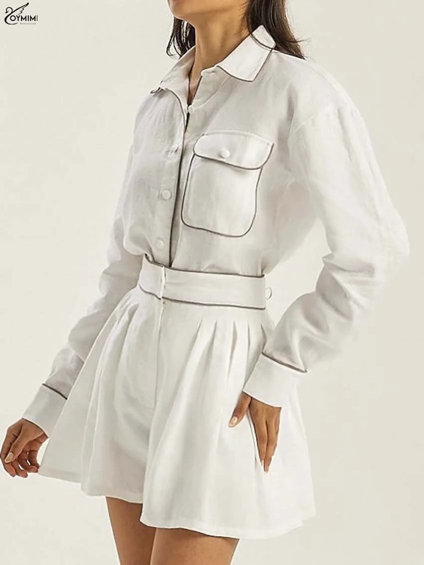 Oymimi Fashion White Patchwork Two Piece Outfits Woman Elegant Long Sleeve Pockets Button Shirts And Single Button Shorts Sets