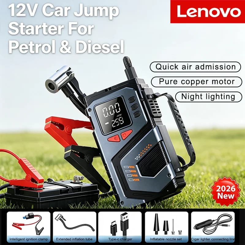 Avviatore di Emergenza Portatile Lenovo con Compressore d'Aria 12V per Auto a Benzina e Diesel, Pompa per Pneumatici 150 PSI, Luce LED e Manometro