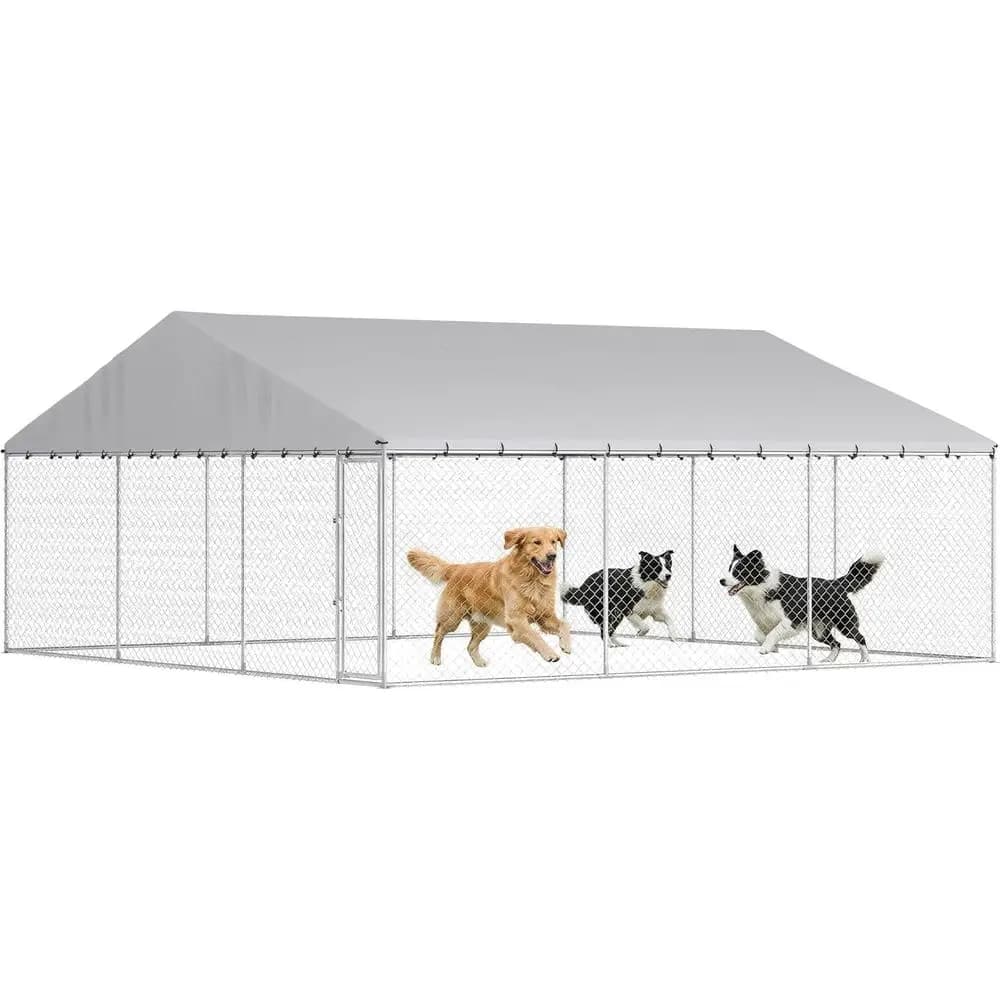 Grande Recinto per Cani da Esterno Resistente, 6m x 6m x 2,7m, Tetto Impermeabile, Recinzione in Rete Zincata con Chiusura Sicura per