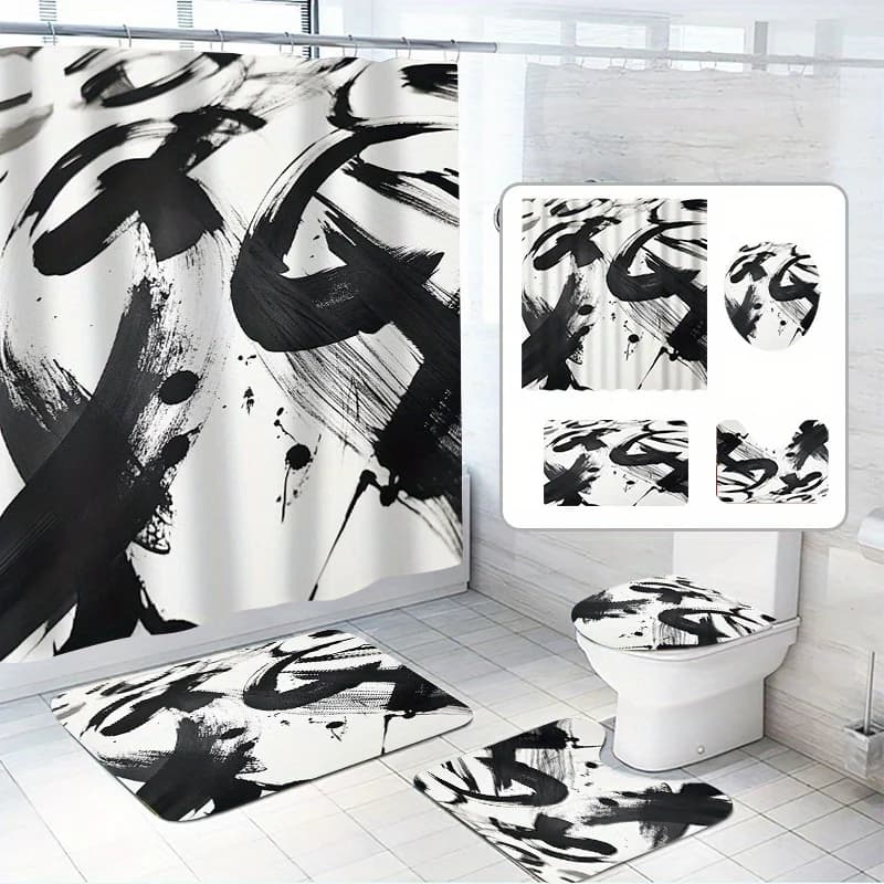4 pezzi, set di tende da doccia in stile cinese con inchiostro, arte dei caratteri cinesi, stile semplice, con 12 ganci, tessuto in poliestere, bagno non-s