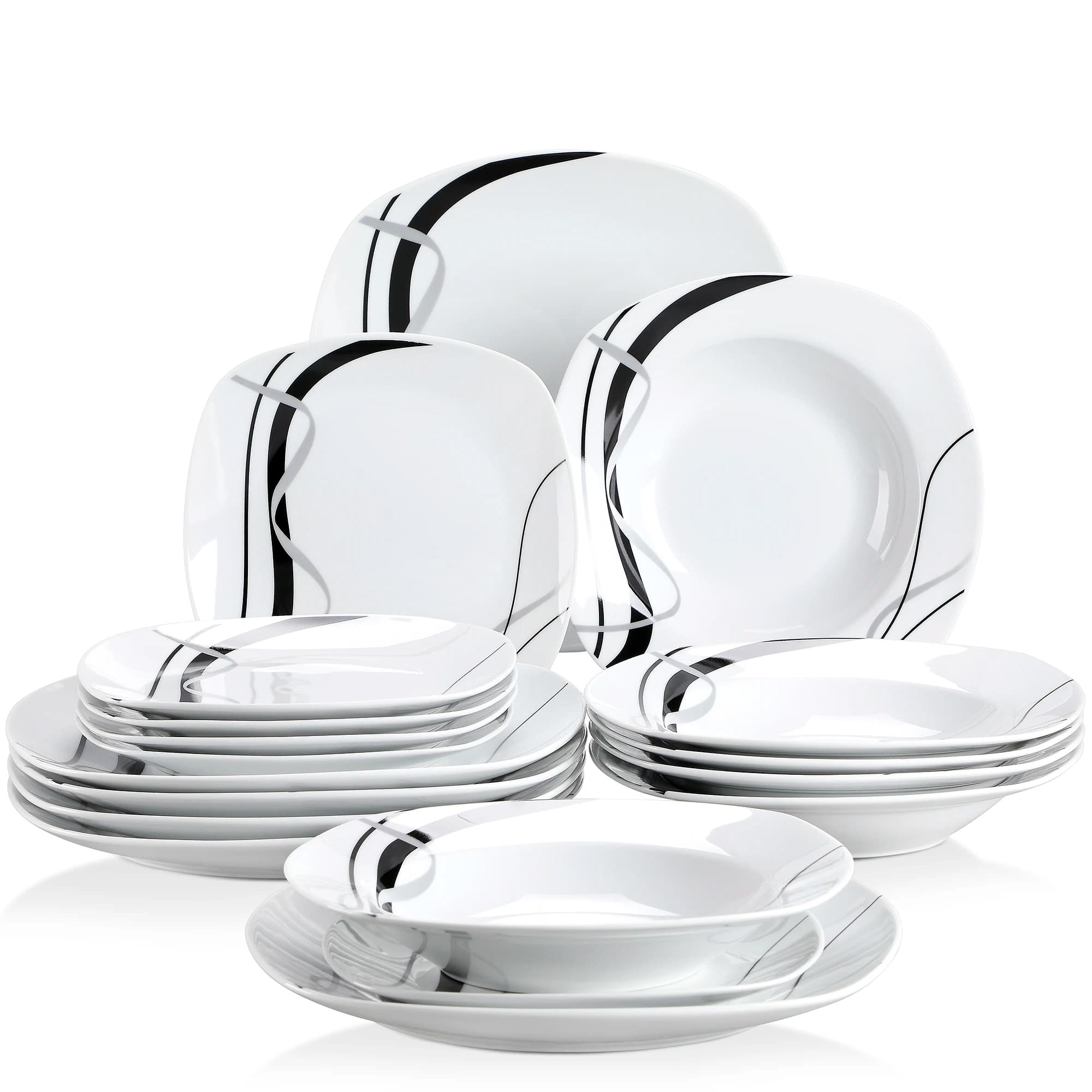 VEWEET fional 18/36 pezzi porcellana ceramica linea nera stoviglie da cucina Set di piatti con piatto da pranzo, Dessert, piatto da minestra
