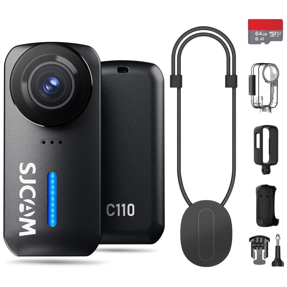 Set DV Sportivo C110 SJCAM, Mini Telecamera 4K, Videocamera POV Stabilizzata Senza Mani, Telecamera Impermeabile per Vlogging