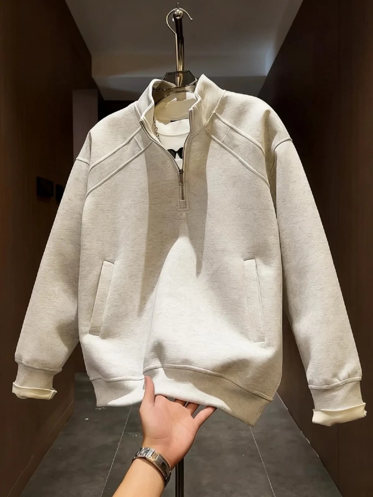 Felpa con Zip alla Moda per Uomo, Design Semplice con Dettagli a Contrasto, Maniche Lunghe, Collo Alto, Nuova Collezione Autunnale, Trendy, in Cotone