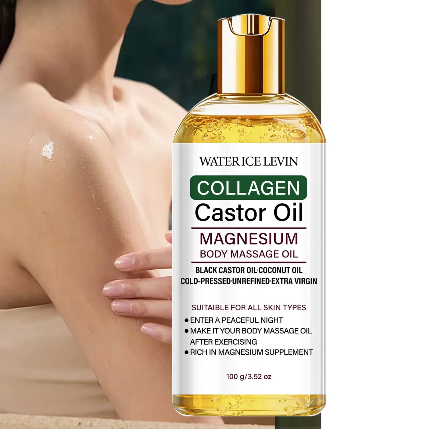 Castor Oil Body Massage Oil with Collagen & Magnesium – Moisturizing Firming Oil for All Skin Types, Cold Pressed – 100g