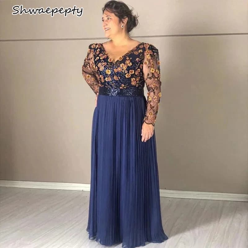 Abiti per la madre della sposa con paillettes blu navy Abito da sera in chiffon a maniche lunghe con applicazioni Abito da cerimonia nuziale personalizzato