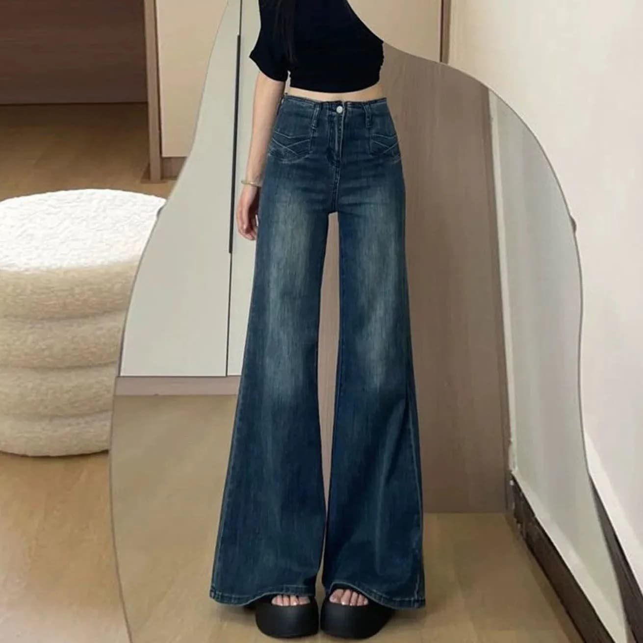 High Waist Flared Jeans Women's Summer New Style Casual Versatile Loose Fit Slimming Bell Bottoms Classic Blue Cotton Stretch...