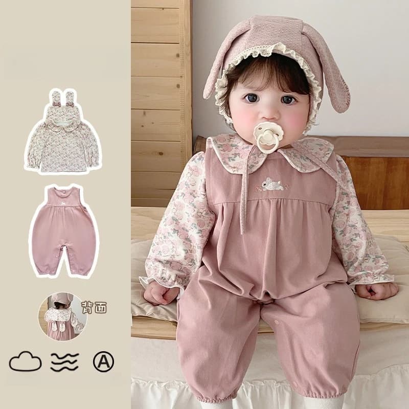 ZOETOPKID Baby Girls Fashion Set Spring Autumn Floral Print Peter Pan Collar Blouse+Pink Embroidery Vest Rompers Infant Clothes