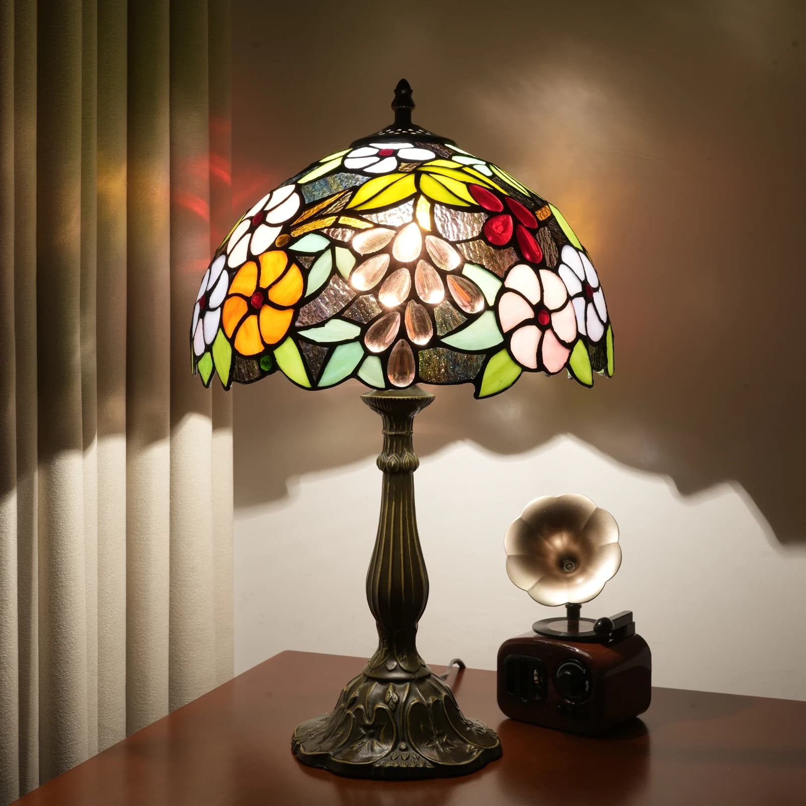 Lampada in vetro colorato stile giardino villaggio Lampada da tavolo per camera da letto Lampada da lettura per scrivania per comodino Soggiorno Ufficio Dormitorio Decor 12"