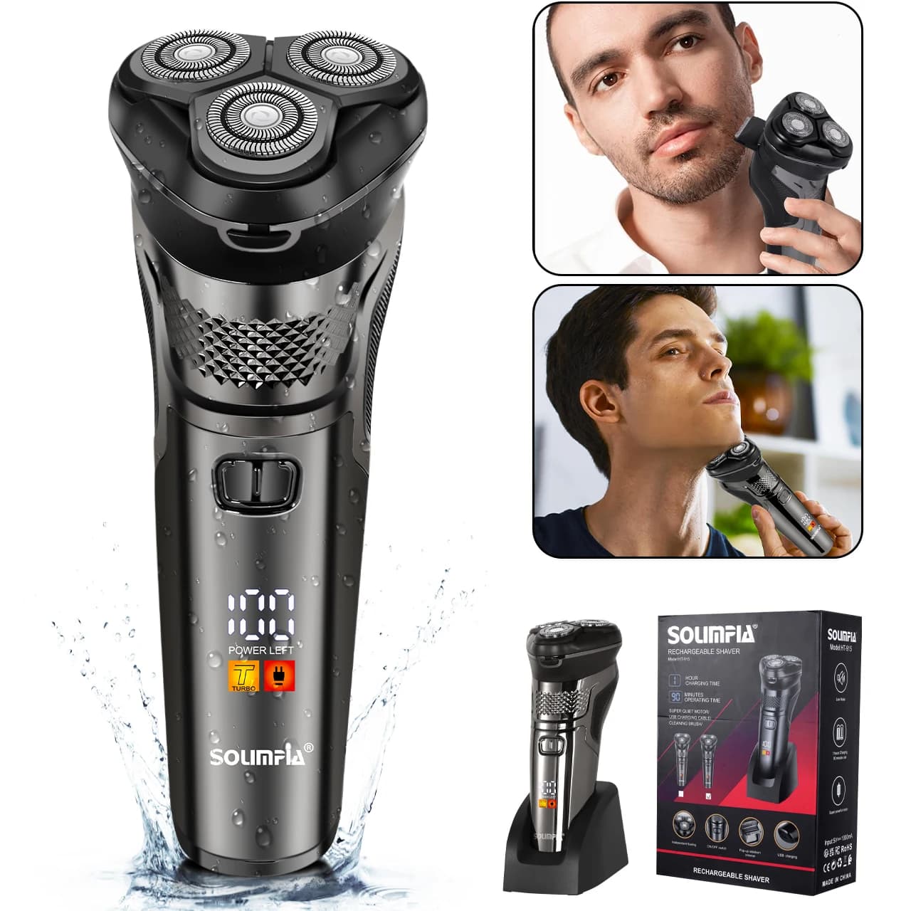 3D Electric Razor Solimpia for Man with Fast USB Charging, LED Display, Dry/Based Use, Beard Finisher, Included Charging Base