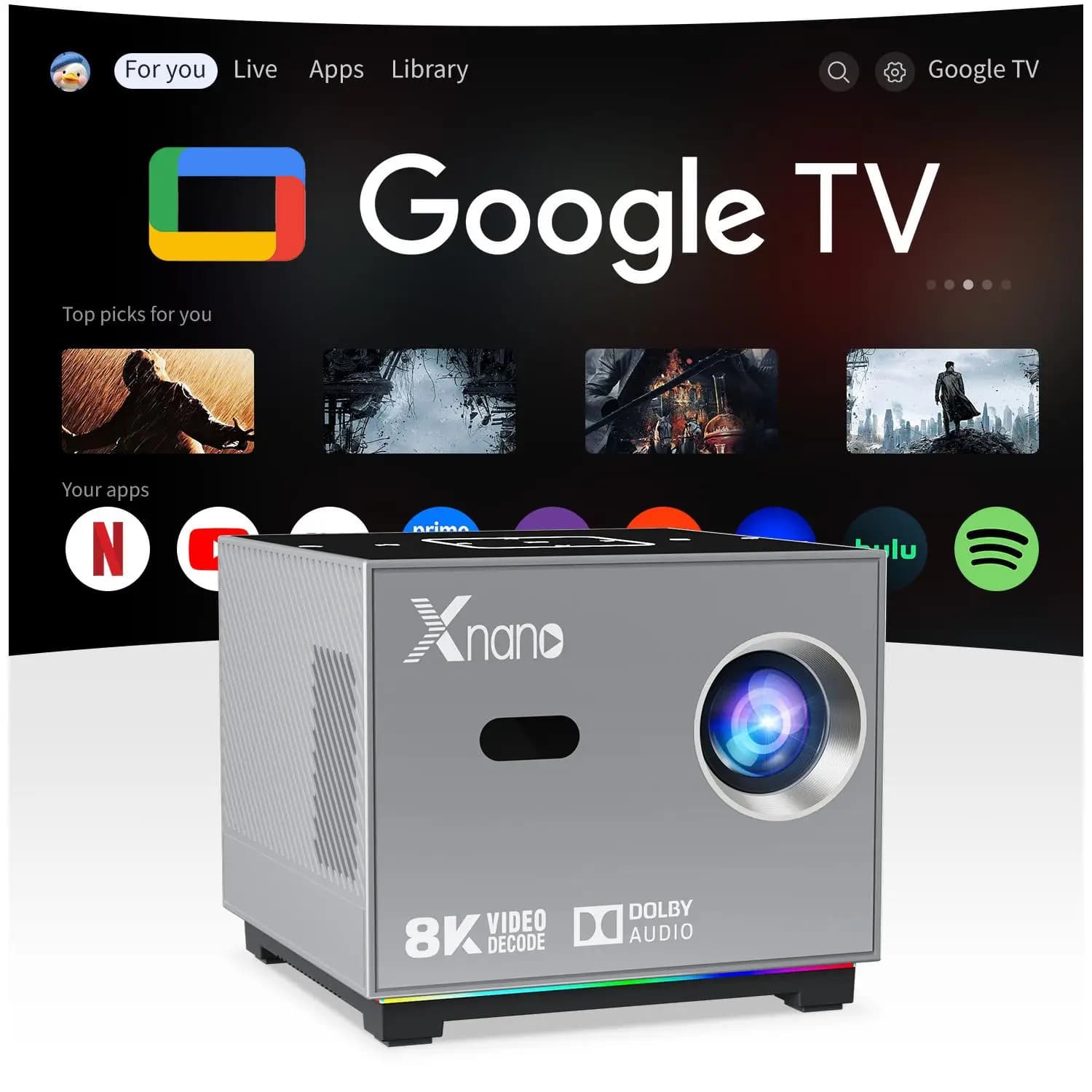 Xnano Portable Smart Projector Native 720P Support 8K Android9.0 190ANSI ARGB Light Dual WiFi Home Theater Projector