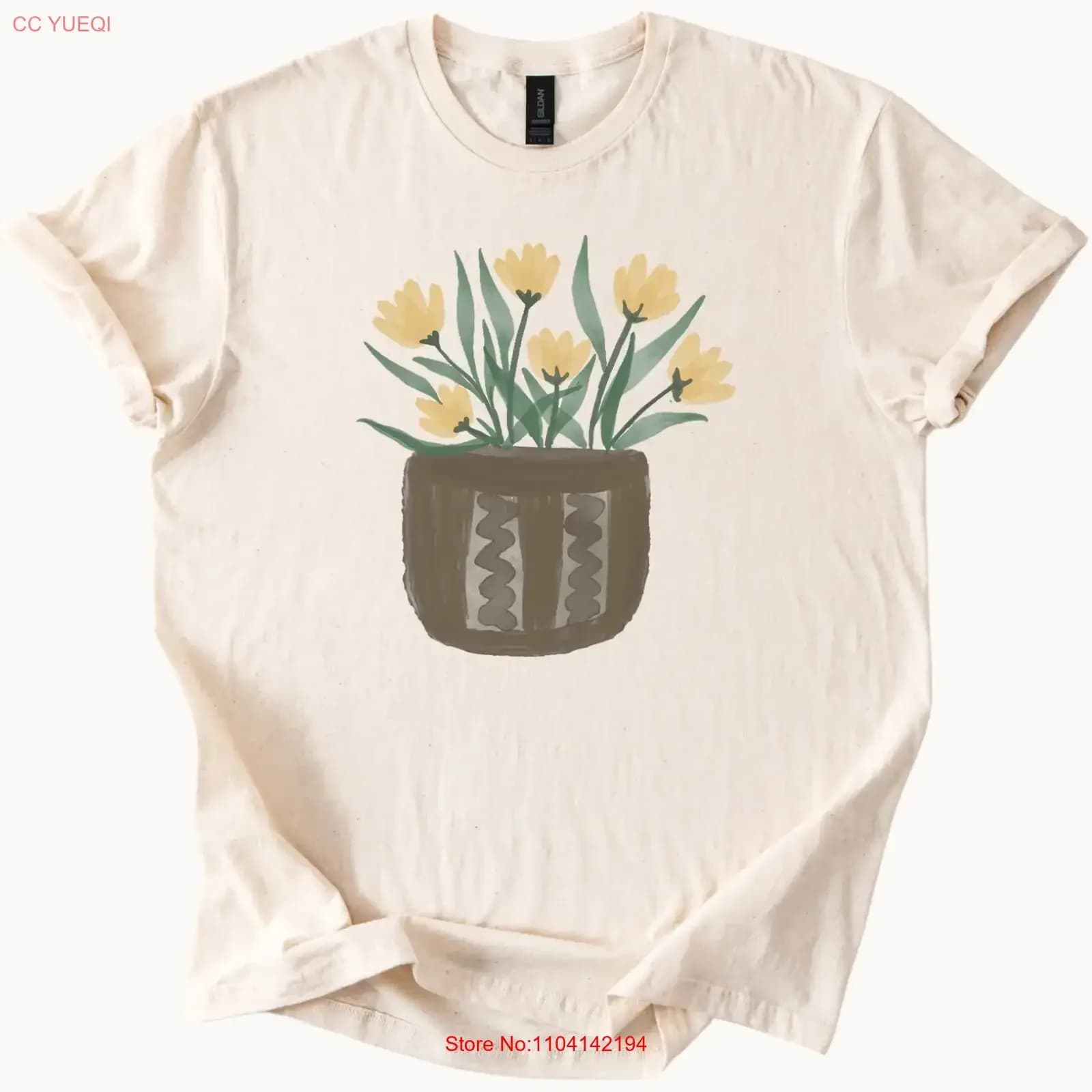 T-shirt with yellow flower pot, hand-designed, with botanical plants, vintage, washed, man's streetwear, versatile, for everyday use
