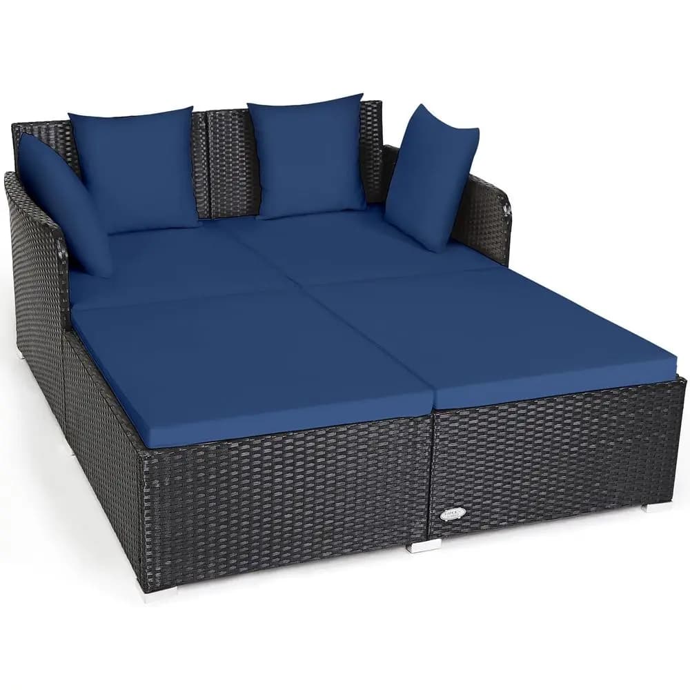 Outdoor Patio Rattan Daybed, Sponge Cushioned Loveseat Sofa with 4 Pillows, Wicker Furniture Sunbed for Balcony, Courtyard Navy