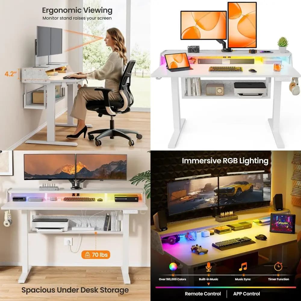 48x24 Adjustable Desk with Library and Monitor Support, LED Strip, Ergonomic Desk for Home or Office, White