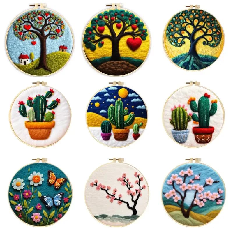 CHENISTORY Kit di infeltrimento ad ago feltro pittura albero astratto con borsa di lana ago Pad in schiuma telaio panno fai da te ago di lana feltro Starter