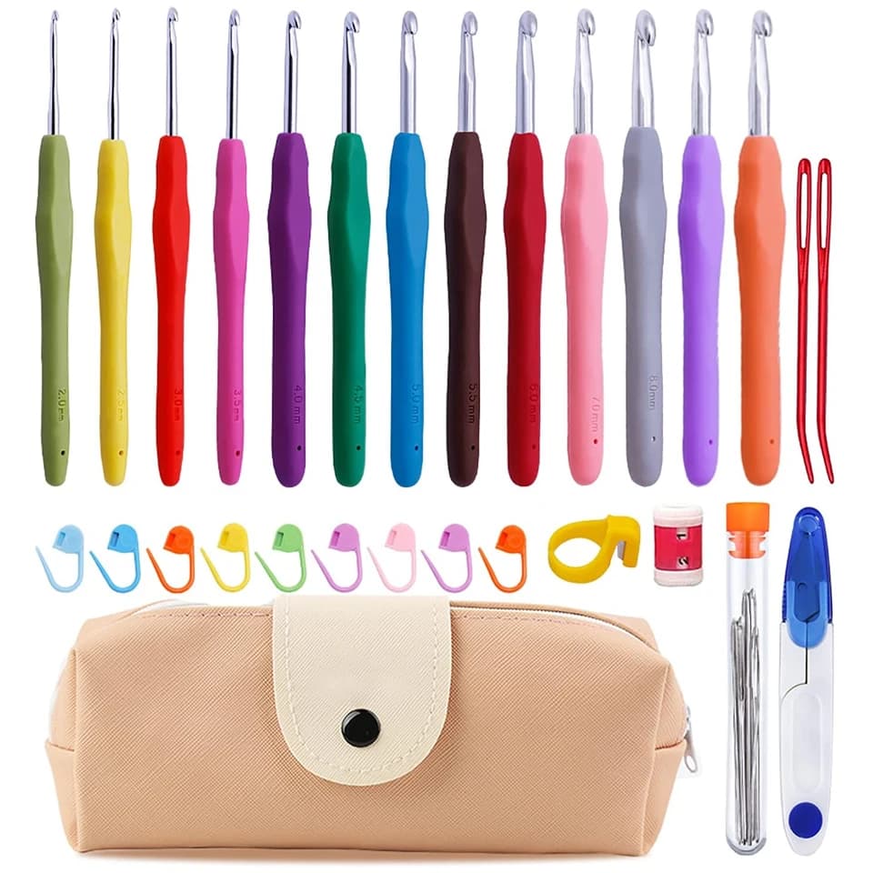 Kit di uncinetti con custodia Aghi da maglia ergonomici Aghi smussati Indicatore di punti Strumenti d'arte artigianali per maglieria a mano
