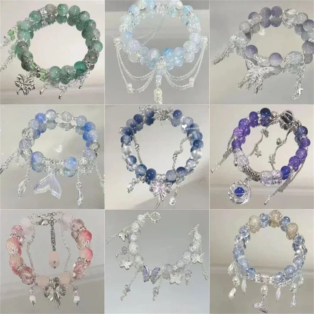 Braccialetto Elastico con Perline di Cristallo e Charm a Farfalla, Nuovo Design Fata con Texture Sfumata e Smaltata, Gioielli Dolci e alla Moda per Ragazze