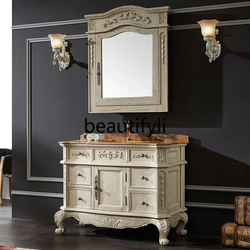 Mobiletto da bagno europeo per piccoli appartamenti, con specchio, in marmo e rovere, lavabo in legno massello dal pavimento al soffitto in rovere rosso