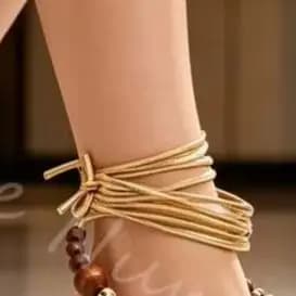 Wooden Bead Decor Gold Ankle Wrap High Heels Women Open Toe Stiletto Wedding Party Sandals Ladies Summer Vacation Boho Sandals
