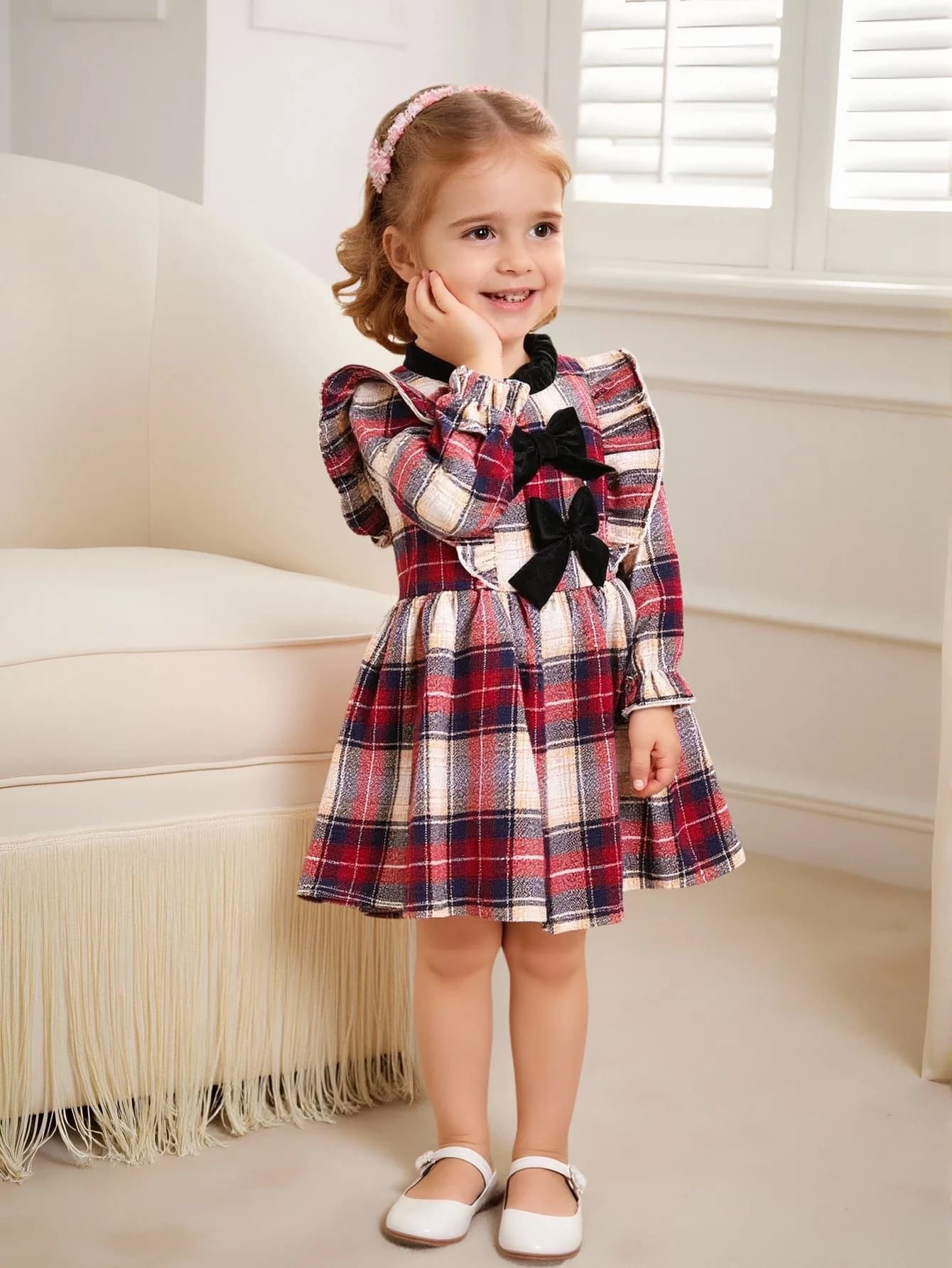 Baby Girl Plaid Patchwork Dress with Lace Collar Bow Tie Back Invisible Zipper Long Sleeve Fashion Autumn Outfit with Hat