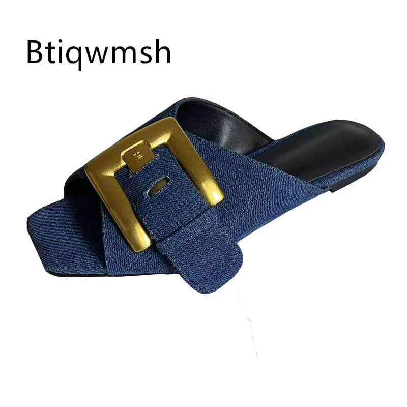 Pantofole in denim blu Donna Open Toe Decorazione con fibbia dorata Scarpe basse Sandali gladiatore sexy da donna