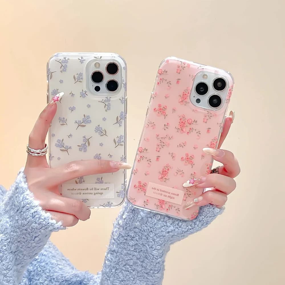 Case for iPhone 17 AIR 16 15 14 13 12 11 Pro MAX Plus Y2K with White, Pink and Blue Flower and Korean Style INS