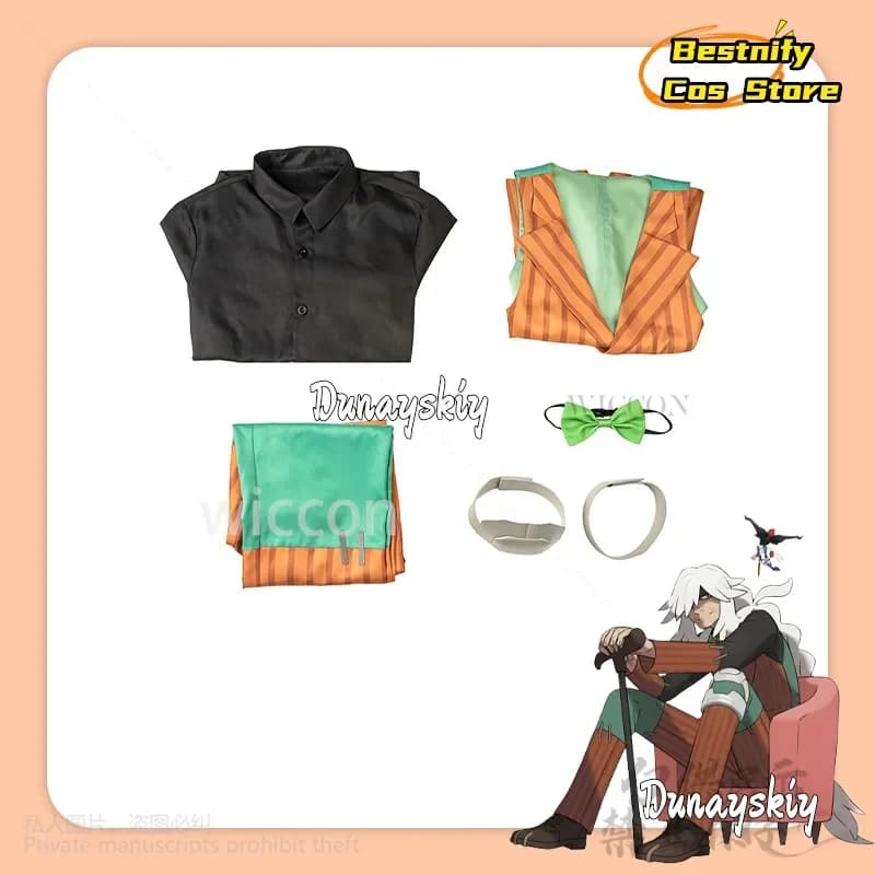 ABC123CosplayLEGENDS Costume Cosplay Furry Mon AZ Anime, Completo alla Moda con Strisce Arancioni, Gilet, Papillon Verde, Parrucche Lunghe Bianche5,j'8.k/4