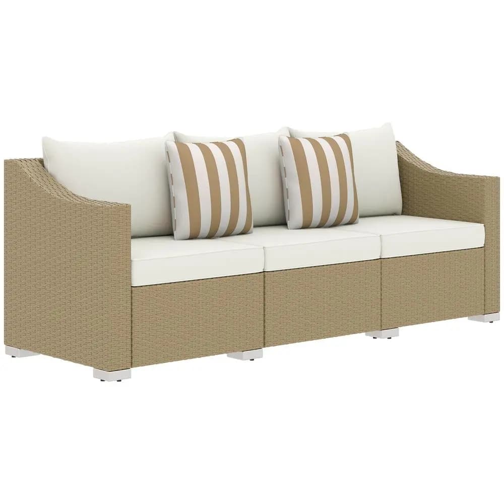 Divano da Esterno a 3 Posti, Divano in Vimini con Cuscini, Arredamento da Giardino in Rattan con 2 Cuscini Decorativi, Seduta Profonda