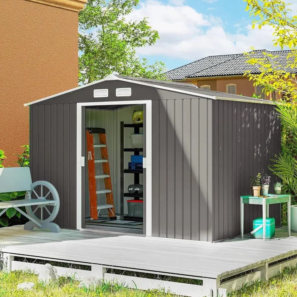 Casetta da Giardino in Metallo Grigio Chiaro 9x6 piedi con Kit di Fondamenta, Porte con Chiusura, Prese d'Aria e Tetto Inclinato per Attrezzi da Giardino