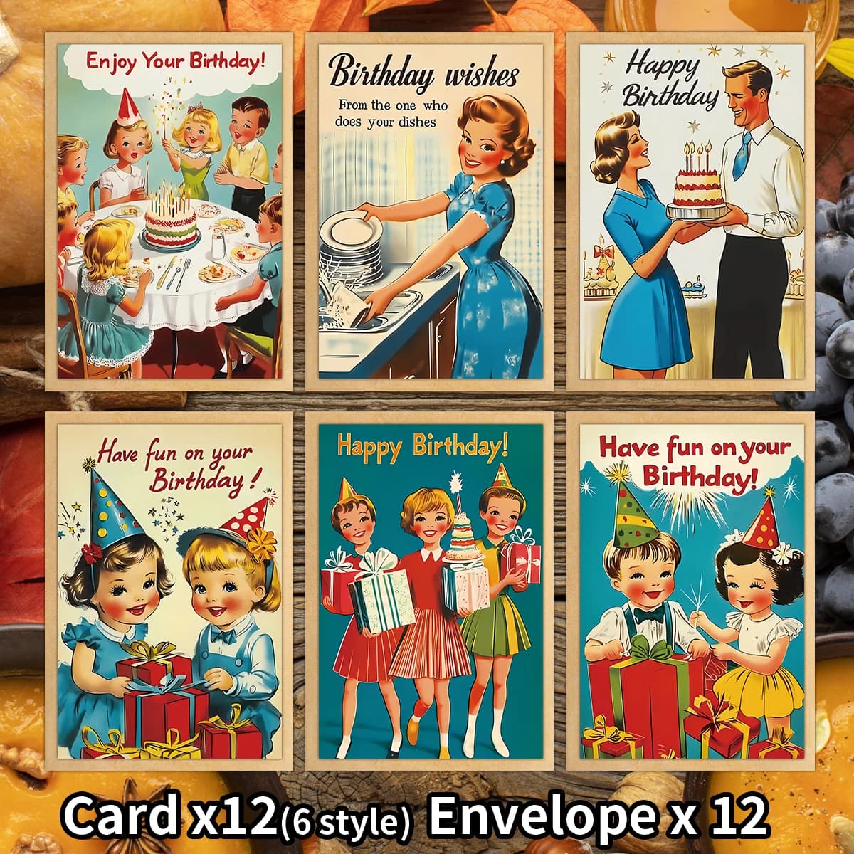 Biglietti d'auguri di compleanno vintage da 12 pezzi con busta, design classico del momento di compleanno, raccolta di compleanno per l'invio di auguri nostalgici