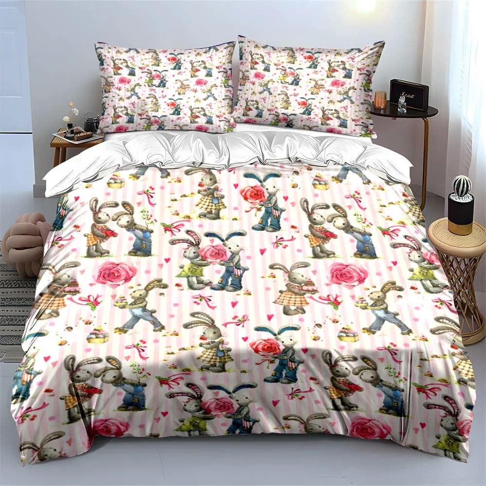Set Decorativo Romantico a Tema Coniglio, Set di Biancheria da Letto Morbido e Delicato sulla Pelle, Include 1 Copripiumino e 2 Federe, Regalo