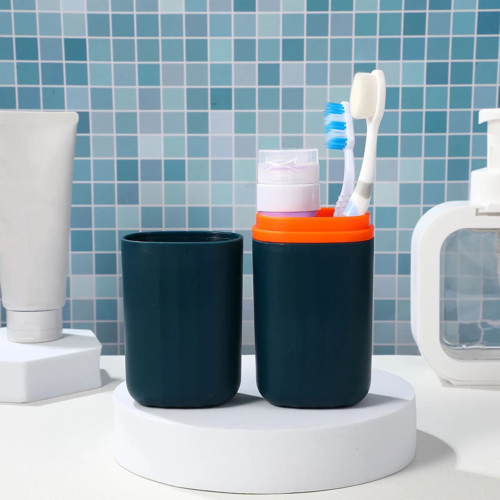 Portaspazzolino e Contenitore per Gargarismo 2-in-1 Nuolux Blu Scuro, Portatile per Viaggi, Campeggio e Uso Familiare