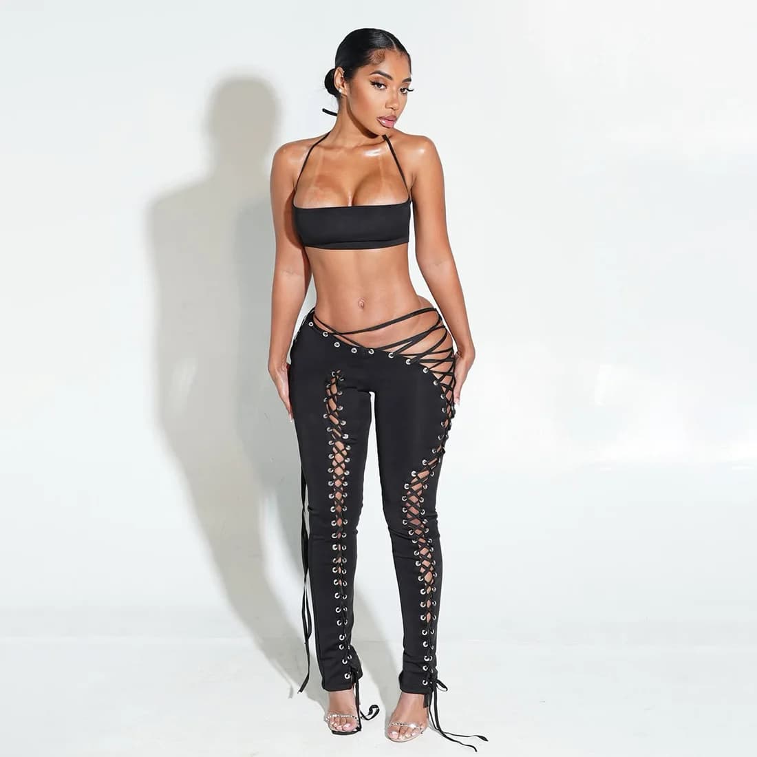 Women Solid Grommet Lace Up 2 Piece Set Halter Camisole Crop Tops + Shirring Hollow Skinny Pants Y2K Clubwear Suit Streetwear