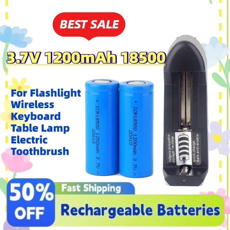 New Updated Set: 2 Li-ion batteries 3.7V 1200mAh 18500 + Flashlight Charger, Wireless Keyboard, Table Lamp, Electric Toothbrush