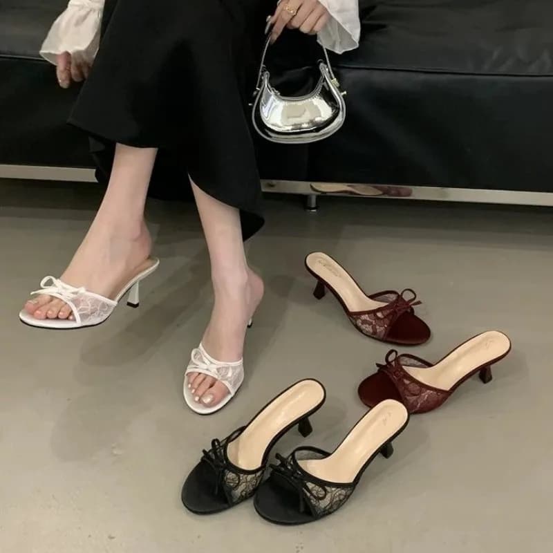 Sandali con tacco alto da donna, stile francese, eleganti, con pizzo, a stiletto, estivi, traspiranti, in rete, freschi, Sandalias Mujer