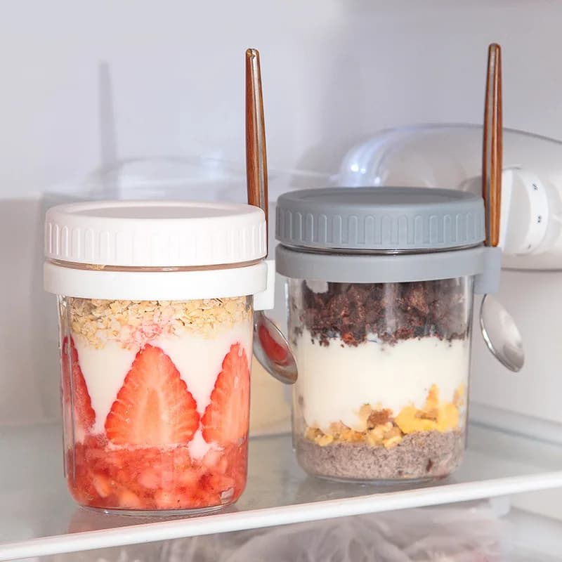 Container for Overnight Oats, Glass Jar for Milk and Fruit, Portable Cup for Cereals and Breakfast, Water Bottle, Kitchen Accessories