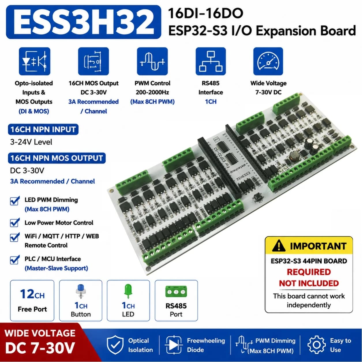 ESP32-S3 16DI 16DO RS485 Expansion Board 3A MOS Output PWM Driver WiFi BLE IoT Arduino LED Dimming Module