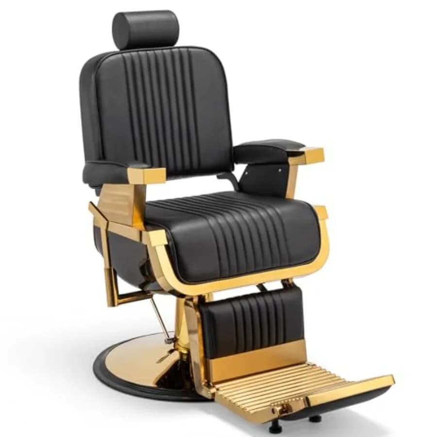 Sedia da Barbiere Vintage Robusta per Uso Professionale, Telaio in Acciaio Nero e Oro con Reclinazione Idraulica, Poggiapiedi e Poggiatesta, Girevole a 360°
