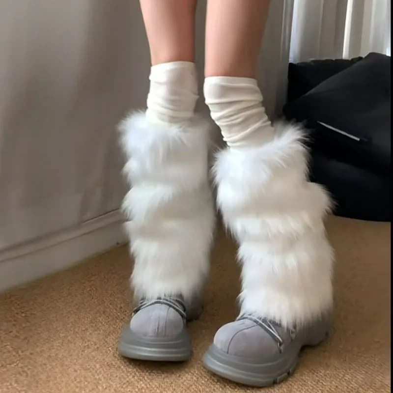 Scaldacollo in pelliccia sintetica giapponese per ragazze, stile Y2K JK, bianchi, spessi, al ginocchio, calze lunghe per tenere al caldo, copristivali autunno inverno