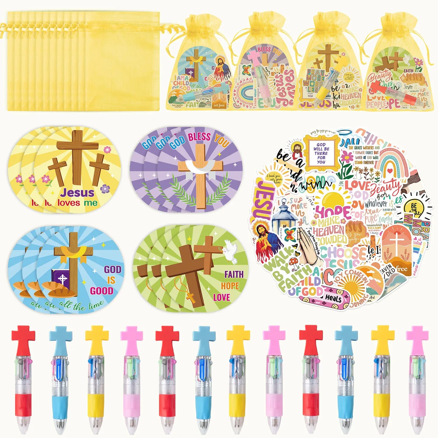 Stationery Gift 4-in-1 Pens Sticky Note Stickers Yarn Bag Pen Set for Back To School Birthday Party Goodie Bag Fillers
