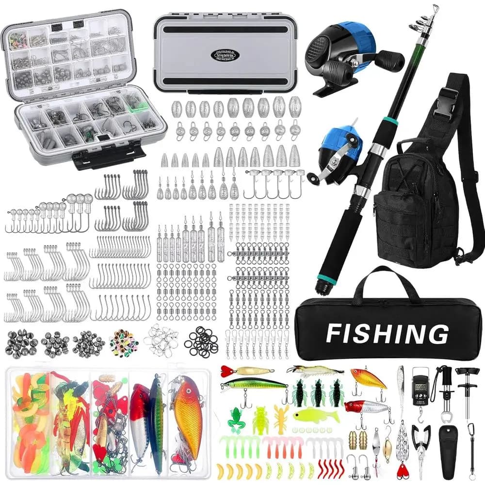 Complete fishing kit of 484 pieces: rod, reel, equipment box, backpack, bait and more
