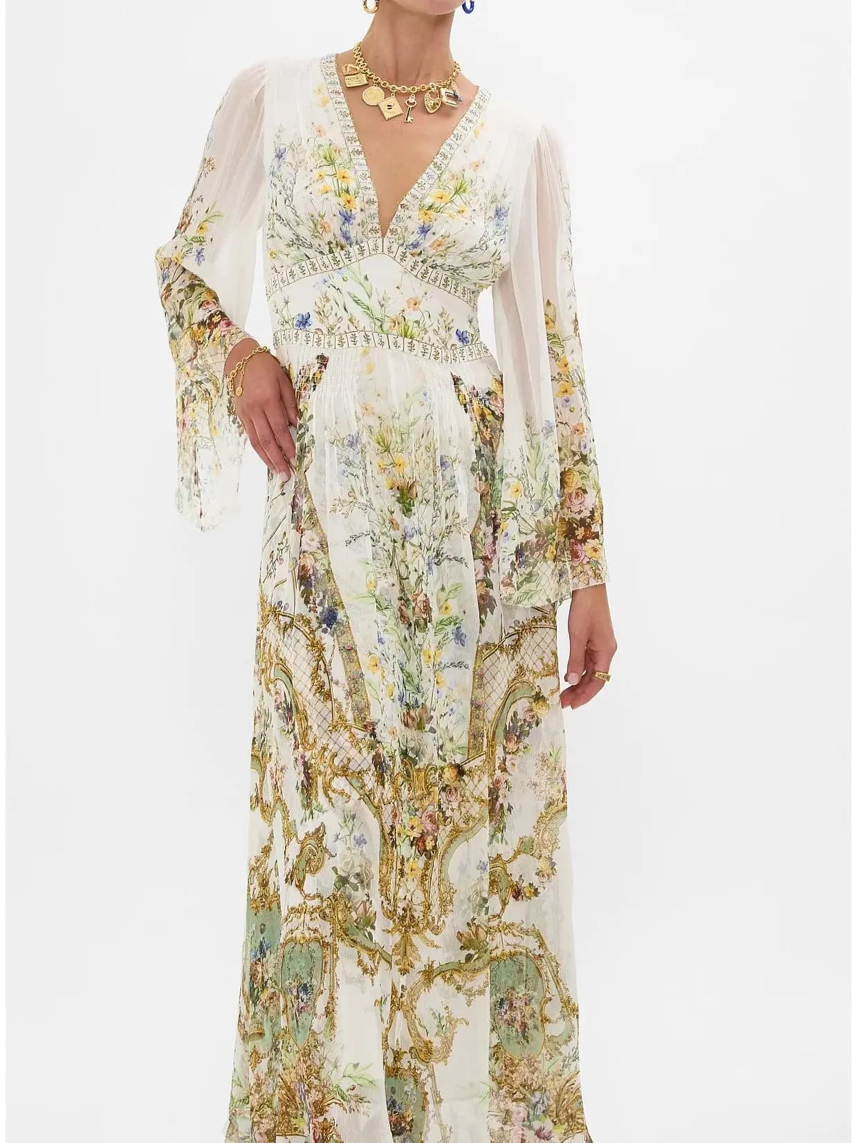 100% Silk Long Dress with Crystal Beads Floral Print with High Waist V Neck Long Sleeve Elegant Women's Dress