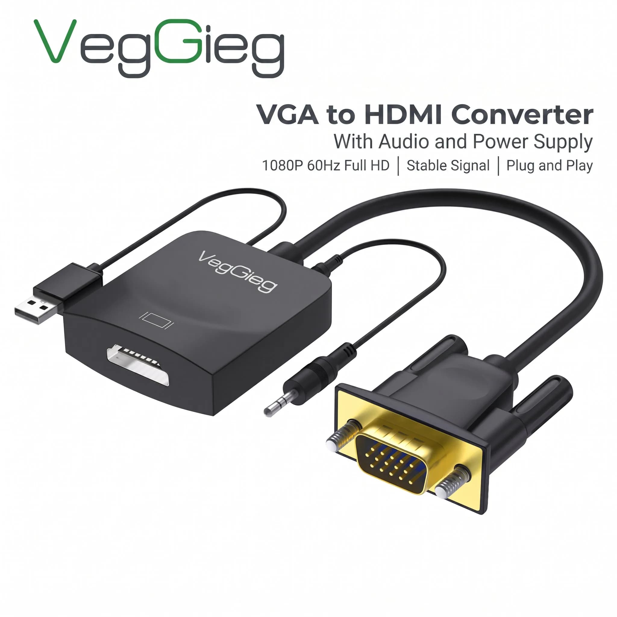 Adattatore VegGieg da VGA a HDMI 1080P 60Hz, Convertitore Video HD con Cavo Audio da 3,5mm per Laptop, PC, TV, Proiettore, Schermo Display