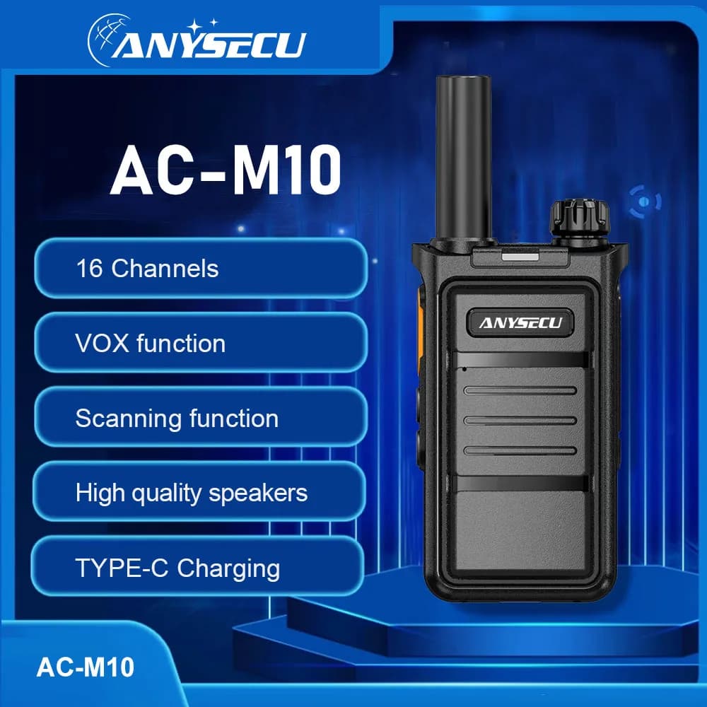 Anysecu AC-M10 2W UHF 400-470MHZ 1500mAh 16CH radio analogica professionale FM Tansceiver un clic 50 CTCSS walkie talkie