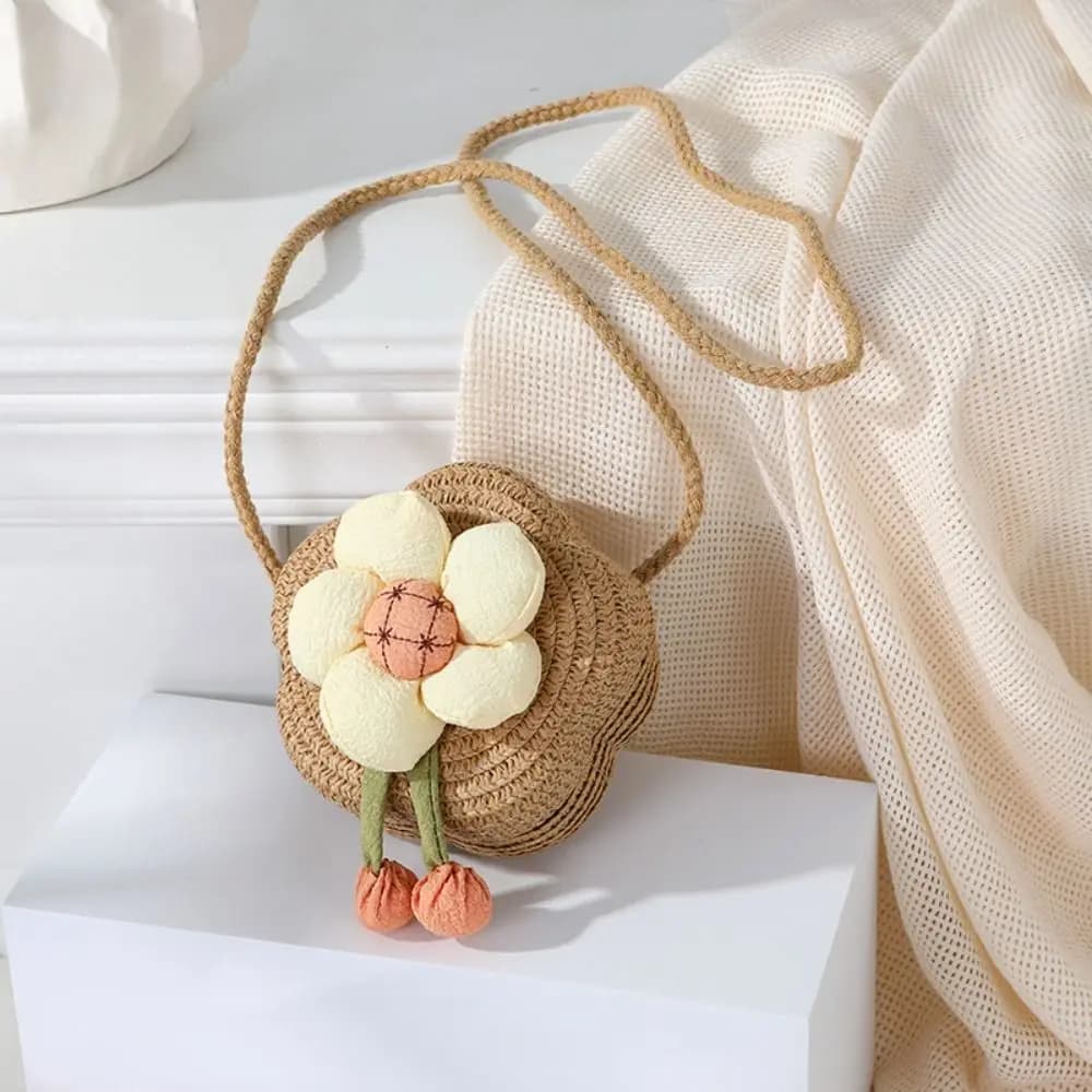 Durable Straw Crossbody Bag Flower Woven Coin Purse Handbag Girls Kids Shoulder Messenger Bag Summer Cute Princess Mini Handbag