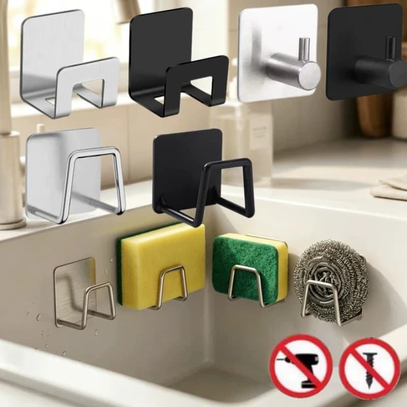 Kitchen Sponge Holder Sink Sponge Rack Stainless Steel Sponges Stand Drainer Sponges Sink Shelf for Knife Towel Holder Wall Hook