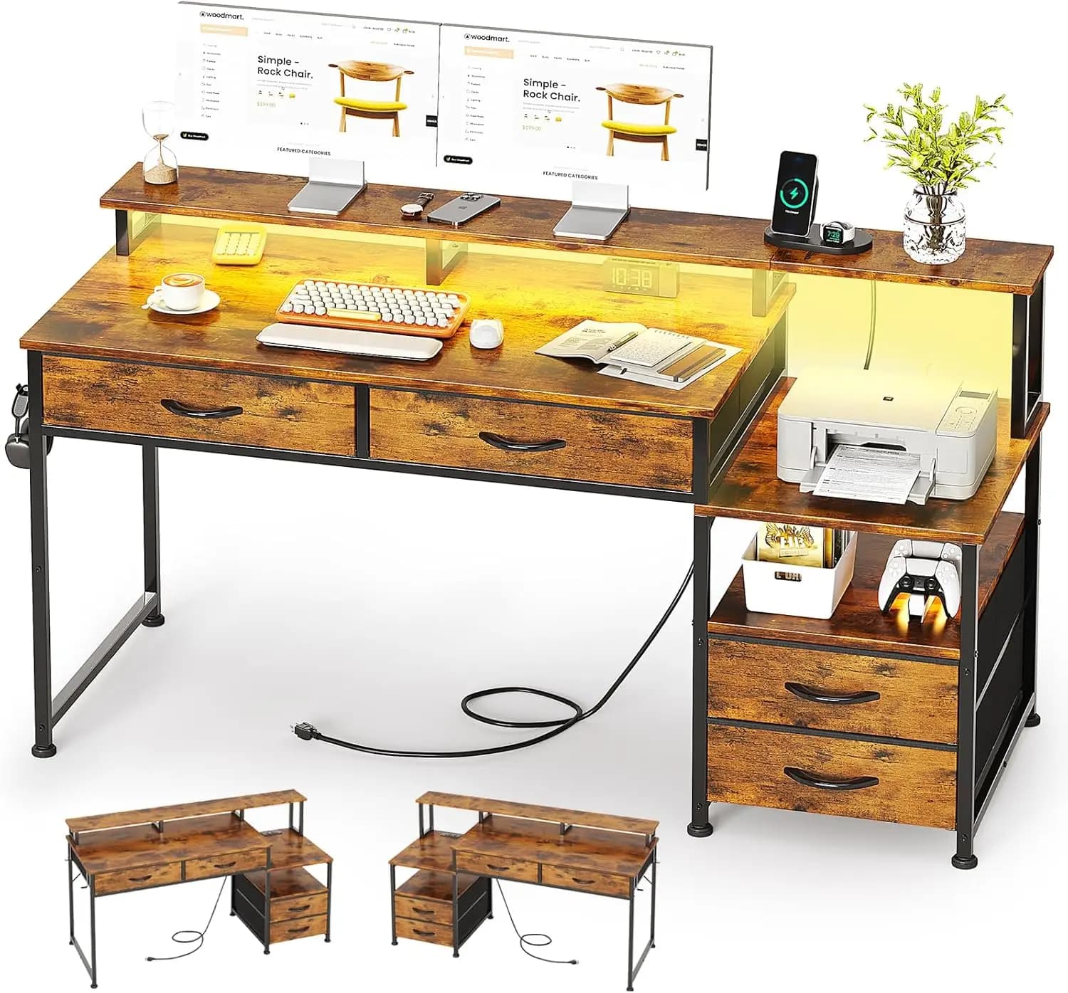 Scrivania per Computer da 53 Pollici con 4 Cassetti e Prese di Corrente, Scrivania Reversibile per Ufficio Domestico con Supporto per Monitor e Supporto per Stampante, Scrivanie da Gaming
